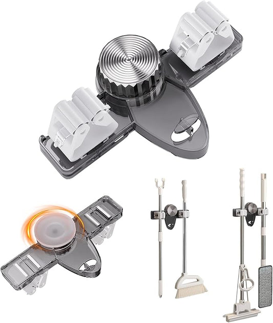 Mop and Broom Holder Wall Mount, No Punching Required Broom and Mop Organizer Wall Hanging with Hooks for Bathroom, Laundry Room, Garage, Kitchen,Garden Tool Organizer Storage (1pcs Gray)