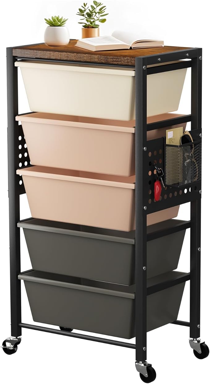 Rolling Cart with 5 Drawers, Plastic Drawer Storage Carts with Wheels & Wooden Tabletop, Metal Utility Cart with Pegboards, Office Living Room Classroom Craft Organization and Storage, Dark Brown