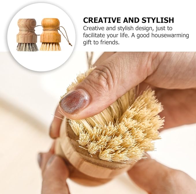 Multi-Function Dish Scrub Brush Wok Cleaning Brush 2pcs with Short Handles Natural Sisal Coconut Fiber Bristles Portable Kitchen Cleaning Accessories for Household Cookware