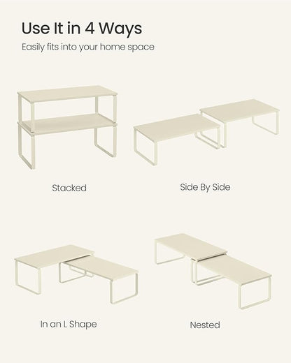SONGMICS Cabinet Organizer Shelf, Set of 2 Kitchen Counter Shelves, Kitchen Storage, Spice Rack, Stackable, Expandable, Metal and Engineered Wood, Cream White UKCS200W02