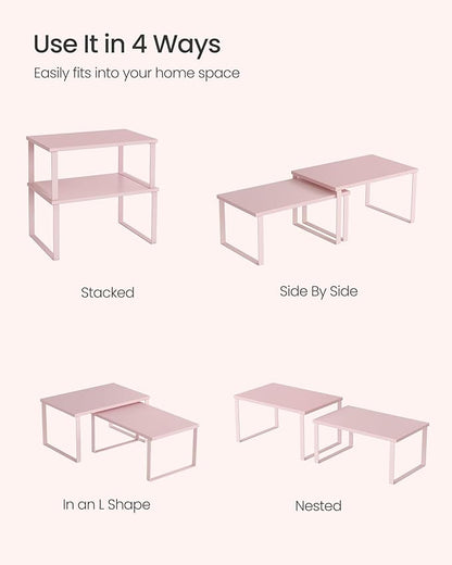 SONGMICS Cabinet Organizer Shelf, Set of 2 Kitchen Counter Shelves, Kitchen Storage, Spice Rack, Stackable, Expandable, Metal and Engineered Wood, Jelly Pink UKCS020S01