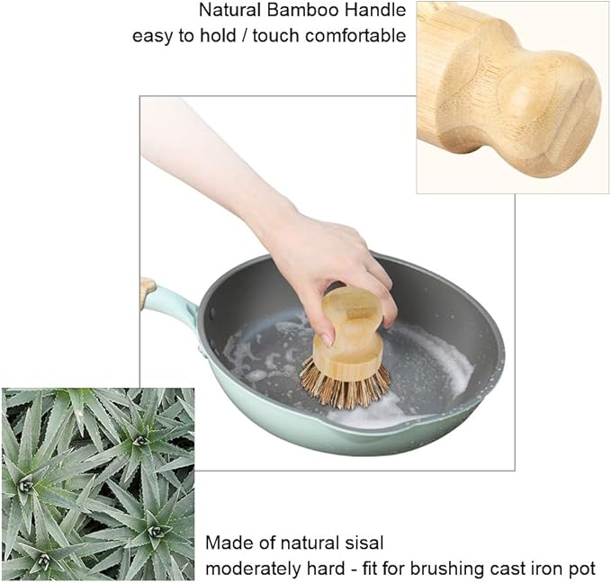 2 Pack Bamboo Dish Scrub Brush, Picowe Natural Scrub Cleaning Brush Vegetable Brush for Dishes Cast Iron Pots Pans, Used in Bathroom Kitchen Sink Household Cleaning