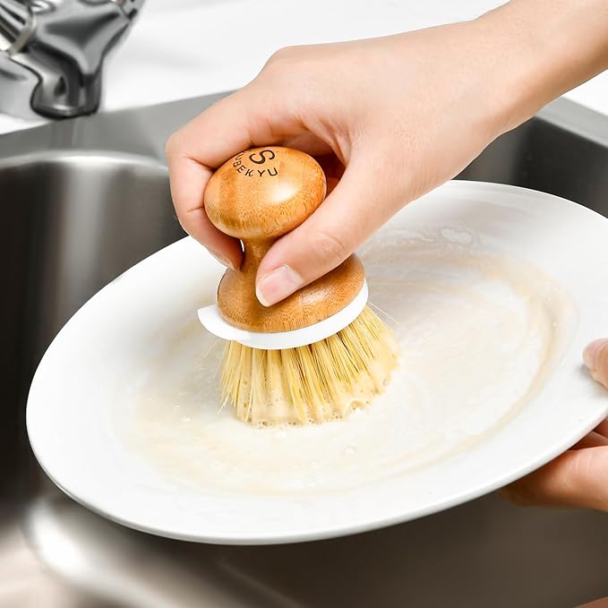 SUBEKYU Bamboo Dish Brush, Kitchen Dish Scrubber Brush with Soap Dispenser, Natural Wooden Dishwashing Brush for Cleaning Dishes/Pans/Pots, Built-in Scraper, Sisal Bristles,1 Set