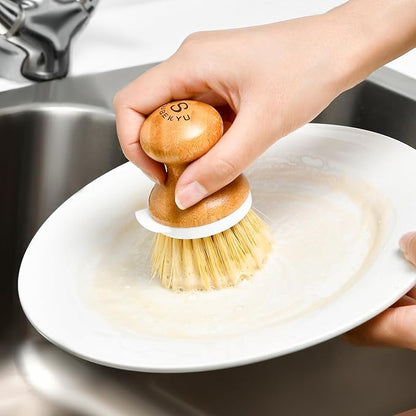 SUBEKYU Bamboo Dish Brush, Kitchen Dish Scrubber Brush with Soap Dispenser, Natural Wooden Dishwashing Brush for Cleaning Dishes/Pans/Pots, Built-in Scraper, Sisal Bristles,1 Set
