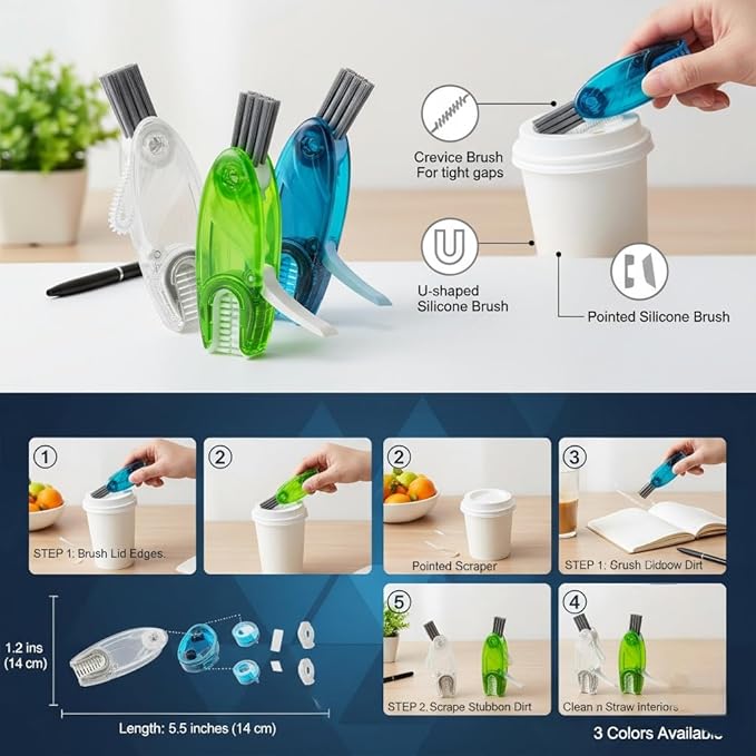 4 in 1 Cup Lid Gap Cleaning Brush Set 3 Pcs - Multifunctional Bottle Cleaning Brush Portable Silicone Cup Lid Cleaner | Tools for Home Kitchen and Travel