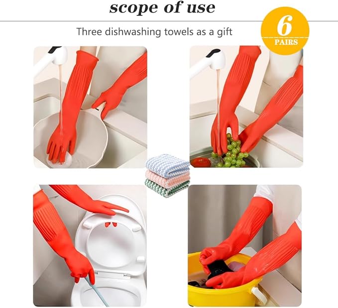 6-Pair 17.8-Inch Elbow - Length Reusable Rubber Waterproof Household Cleaning and Kitchen Dishwashing Gloves
