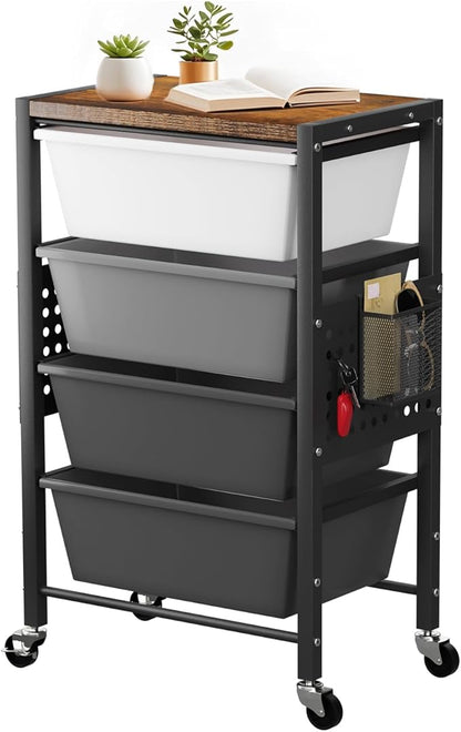 Rolling Cart with 4 Drawers, Plastic Drawer Storage Carts with Wheels & Wooden Tabletop, Metal Utility Cart with Pegboards, Office Living Room Classroom Craft Organization and Storage, Dark Grey