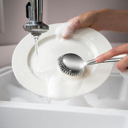 Steel Wool Scrubber Dish Brush Set with Handle, Deep Cleaning Scrubber Set Dish Brush for Cleaning Pans, Grills, Stoves (A)