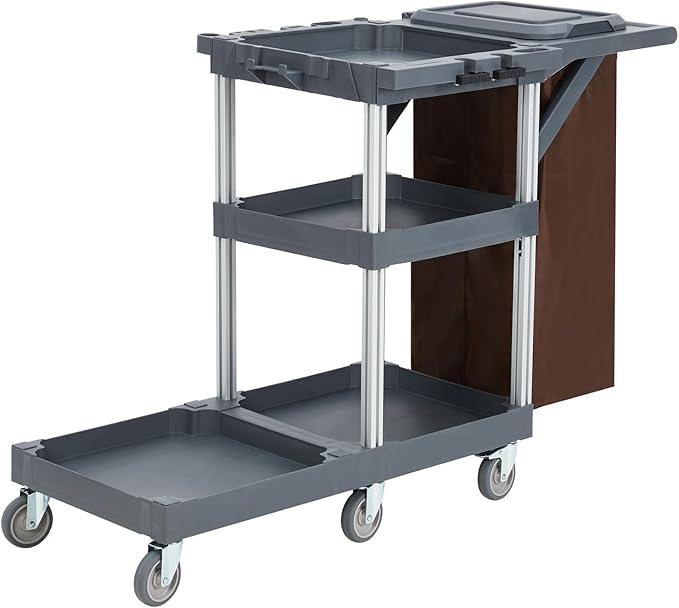Commercial Janitorial Cart with Wheels, 3 Shelf Cleaning Trolley Cart with 16 Gallon Trash Bag, 220 Lbs Capacity Rolling Housekeeping Carts, Ideal for hotels, offices, classrooms, and residential buil