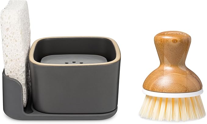 Full Circle Bubble Up Combo—Family Safe, Formaldehyde-Free-Gray Ceramic Soap Dish with Plant-Based Sponge & Bamboo Dish Brush-Versatile Kitchen Scrub Brush Set for Pots, Pans,Counter & Sink,Gray