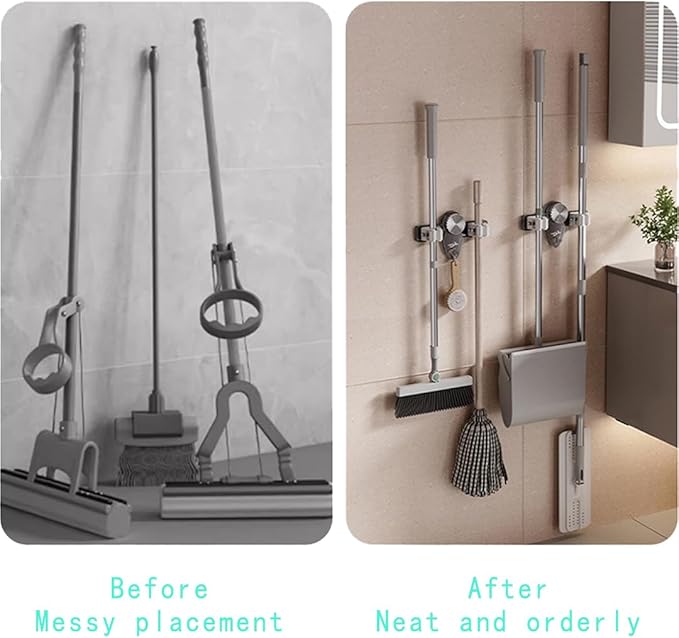 Mop and Broom Holder Wall Mount, No Punching Required Broom and Mop Organizer Wall Hanging with Hooks for Bathroom, Laundry Room, Garage, Kitchen,Garden Tool Organizer Storage (4pcs Gray)