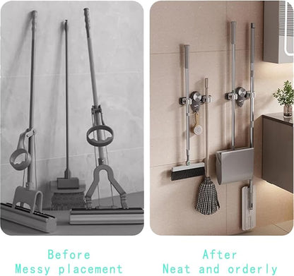 Mop and Broom Holder Wall Mount, No Punching Required Broom and Mop Organizer Wall Hanging with Hooks for Bathroom, Laundry Room, Garage, Kitchen,Garden Tool Organizer Storage (4pcs Gray)