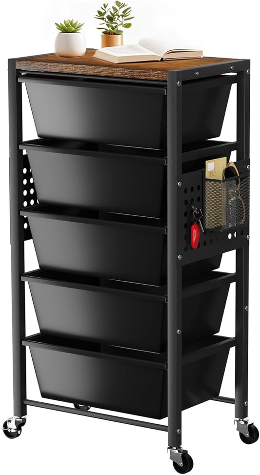 Rolling Cart with 5 Drawers, Plastic Drawer Storage Carts with Wheels & Wooden Tabletop, Metal Utility Cart with Pegboards, Office Living Room Classroom Craft Organization and Storage, Dark Black