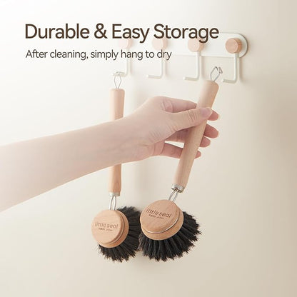 Wooden Dish Brush Natural Bristle Pot Pan Bowl Scrubber Brush - Non-Scratch, Grease Absorbent, Household Cleaning Brushes Gentle for Non-Stick & Cast Iron Cookware- Cleaning Tool Set of 2