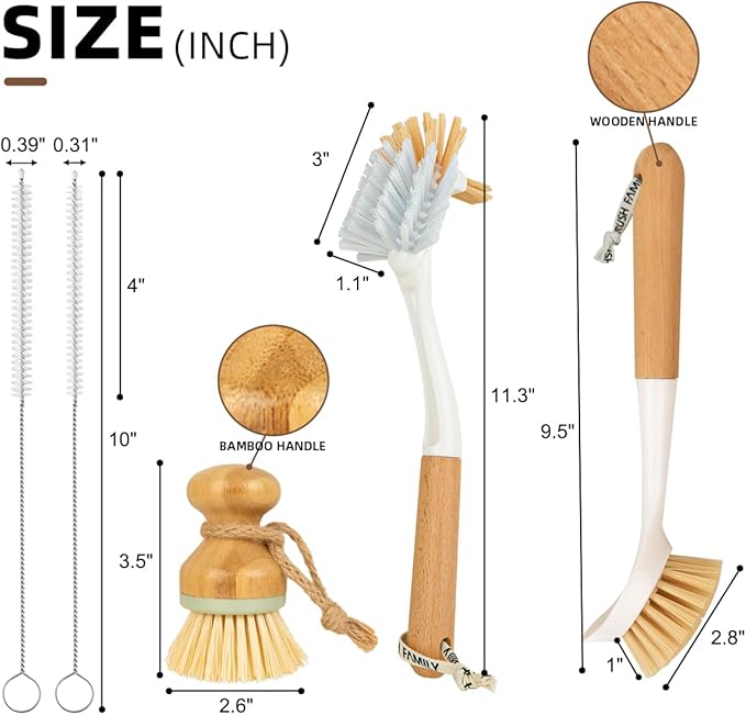 5 Pack Kitchen Dish Brush Set with 2 Dish Brush, Palm Scrub Brush and 2 Straw Brush for Kitchen Dishes Bottle Cup Pot Pans and Straws