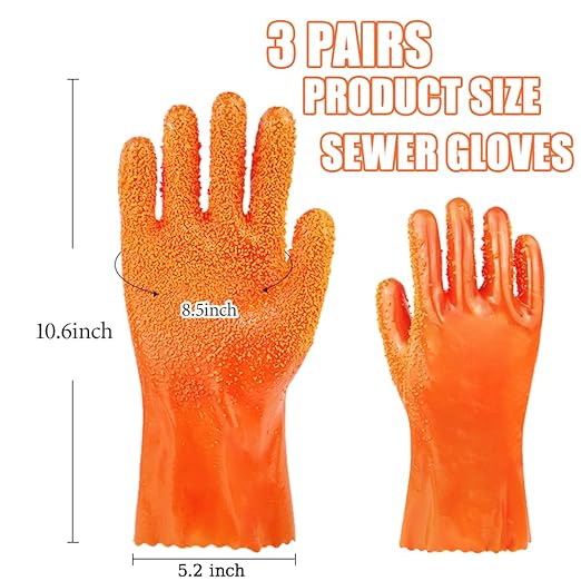 3 Pairs Heavy Duty Sewer Gloves | PVC Coated Abrasion Resistant Work Gloves for Drain Cleaning & Plumbing | Oil & Chemical Resistant, Non-Slip Grip