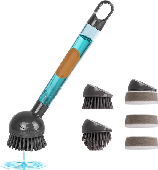 Soap Dispensing Dish Brush Storage Set with 360° Rotating Head, Kitchen Brush with 2 PCS Different Brush Heads & 3 PCS Sponges, Dish Brush Set with Handle for Dishes, Sink, Pans, Pots