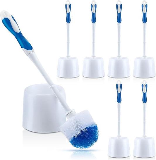 Tioncy 6 Pack 14.96 Inches Toilet Brush with Holder Toilet Bowl Brush and Caddy Set Stiff Bristles Scrubber for Bathroom Cleaning Supplies (Blue,White)