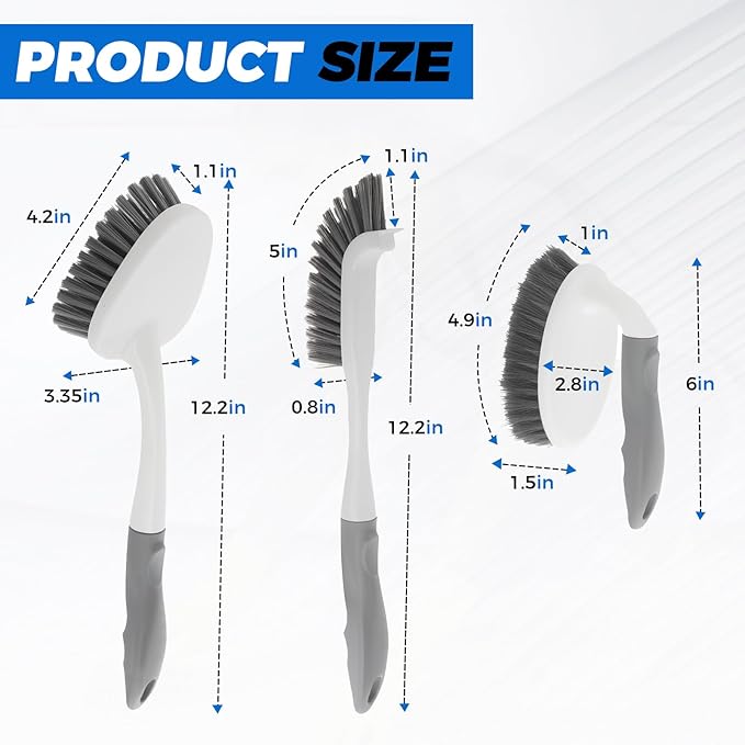 3 Pack Heavy Duty Scrub Brush Set for Household Use, Long Scrub Brush, Handheld Scrub Brush, and Crevice Brush with a Scraper Head for Cleaning Bathroom, Tile, Grout, Tub, Floor, Sink