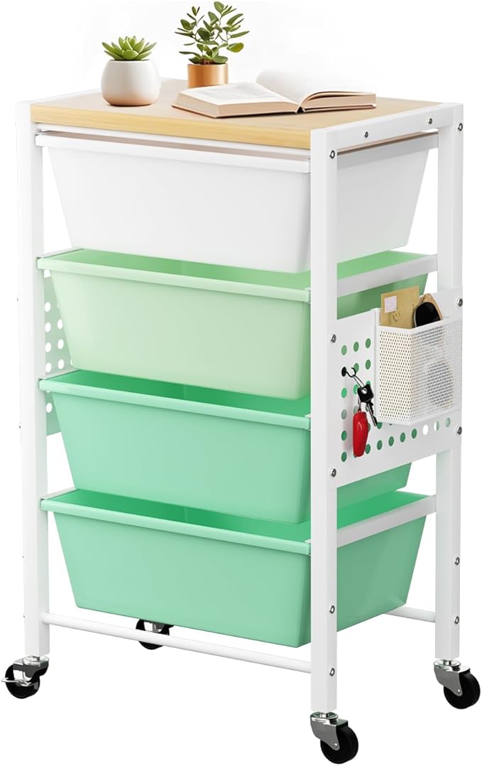 Rolling Cart with 4 Drawers, Plastic Drawer Storage Carts with Wheels & Wooden Tabletop, Metal Utility Cart with Pegboards, Office Living Room Classroom Craft Organization and Storage, Bright Green
