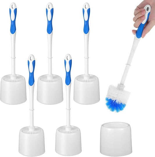6 Pack Toilet Brush with Holder, 14.37 Inch Commercial Heavy Duty Toilet Bowl Brush and Caddy Set Stiff Bristles Scrubber for Bathroom Cleaning Supplies(Blue and White)