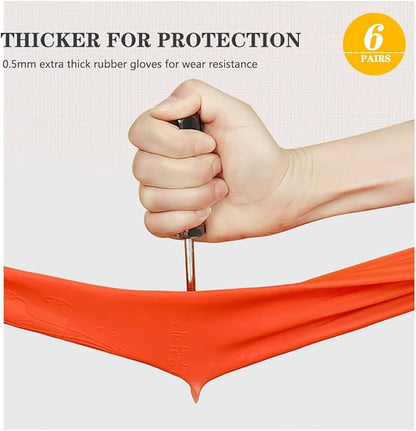 6-Pair 17.8-Inch Elbow - Length Reusable Rubber Waterproof Household Cleaning and Kitchen Dishwashing Gloves