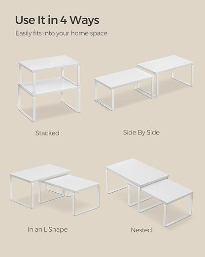 SONGMICS Cabinet Organizer Shelf, Set of 2 Kitchen Counter Shelves, Kitchen Storage, Spice Rack, Stackable, Expandable, Metal and Engineered Wood, Cloud White and Snow White UKCS02W01