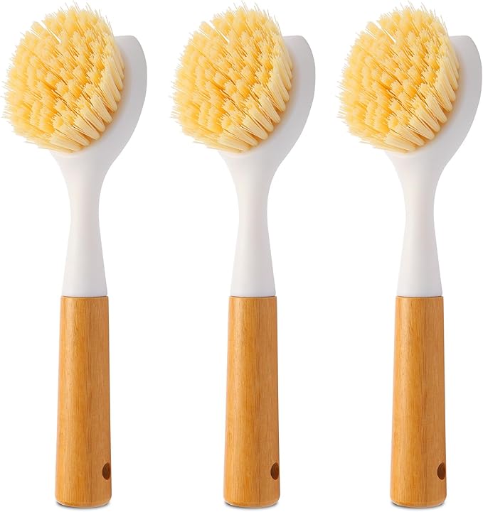 3 Pack Dish Brush Set with Bamboo Handle, Dish Scrubber Built-in Scraper, Kitchen Scrub Brush for Cleaning Cast Iron Cookware, Pans, Pots, Counter & Kitchen Sink (White)
