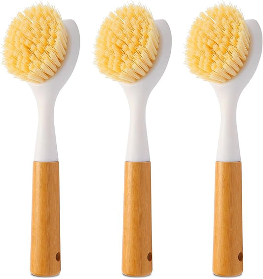 3 Pack Dish Brush Set with Bamboo Handle, Dish Scrubber Built-in Scraper, Kitchen Scrub Brush for Cleaning Cast Iron Cookware, Pans, Pots, Counter & Kitchen Sink (White)