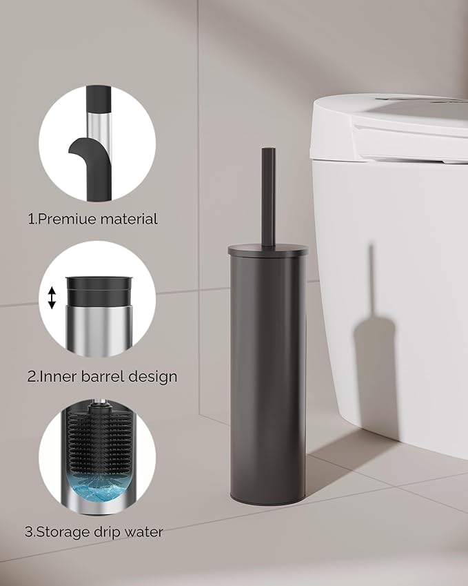 Toilet Brush and Holder Set, 2 Pack Stainless Steel Toilet Bowl Brush with Lid, Rust Proof Toilet Cleaner Brush with Caddy, Durable Bristles, Splash Proof, Ideal for Bathroom（Matte Black）
