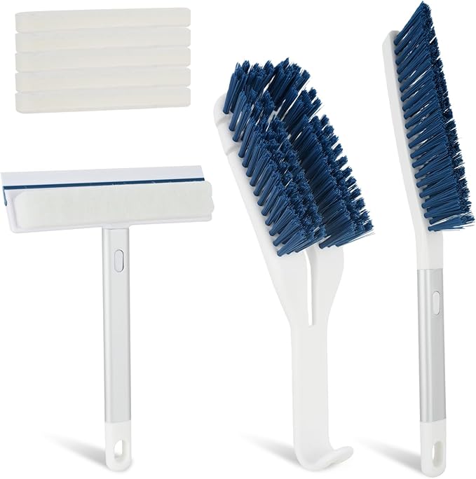 3 Pack Scrub Brush Set - Detachable Stiff Bristle Grout Cleaner Brush, Cleaning Scrubbers with Squeegee for Shower Glass, Heavy Duty Scrub Brushes for Cleaning Bathroom, Bathtub, Gaps, Tile, Floor