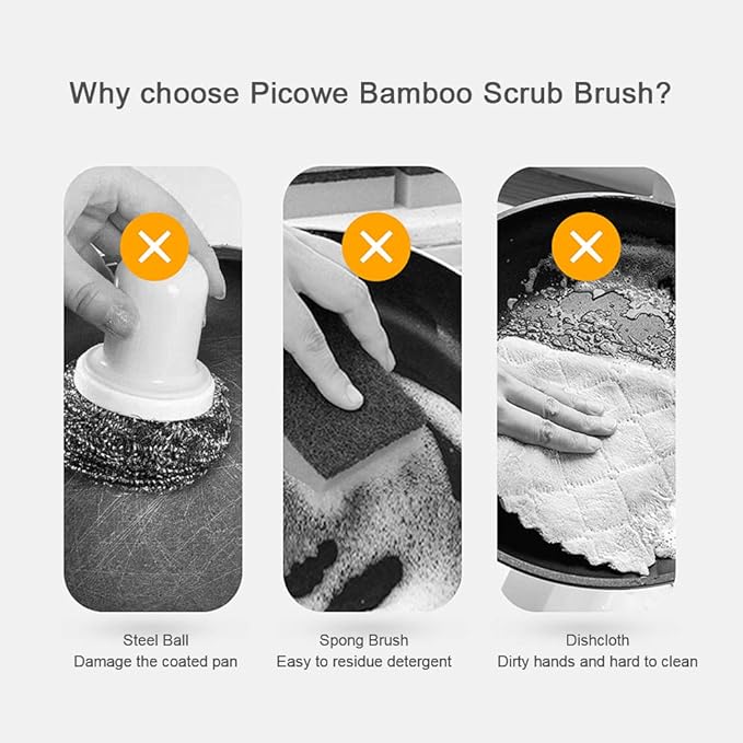 2 Pack Bamboo Dish Scrub Brush, Picowe Natural Scrub Cleaning Brush Vegetable Brush for Dishes Cast Iron Pots Pans, Used in Bathroom Kitchen Sink Household Cleaning