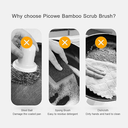 2 Pack Bamboo Dish Scrub Brush, Picowe Natural Scrub Cleaning Brush Vegetable Brush for Dishes Cast Iron Pots Pans, Used in Bathroom Kitchen Sink Household Cleaning