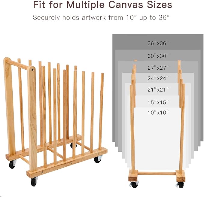 Art Storage Rack with Caster Wheels, Art Drying Rack, Wooden Canvas Storage, Painting Rack, Canvas Organizer Drying Rack for Studios, Artworks, Gallery Art Rack for Display of Canvas, Prints, Panels
