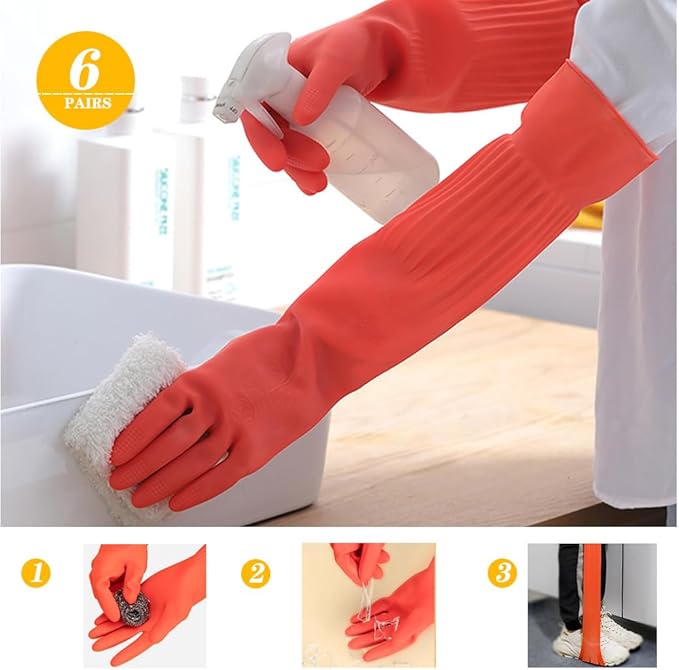 6-Pair 17.8-Inch Elbow - Length Reusable Rubber Waterproof Household Cleaning and Kitchen Dishwashing Gloves