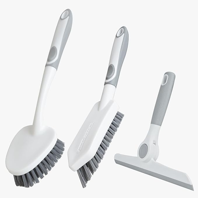 3 Pack Heavy-Duty Scrub Brush Set, Grout Brush, Shower Squeegee, Shower Cleaning Brush with Non-Slip Grip and Stiff Bristles Scrub Brushes for Cleaning Bathroom, Kitchen, Tile, Grout, Tub, Floor, Sink