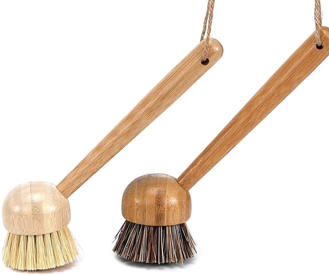 FOLI Bamboo Handle Dish Scrub Brushes - Wooden Cleaning Scrubbers with Stiff Bristles for Washing Kitchen Cast Iron Pan Pot (2PCS with Sisal & Palm Bristles, Long Handle)