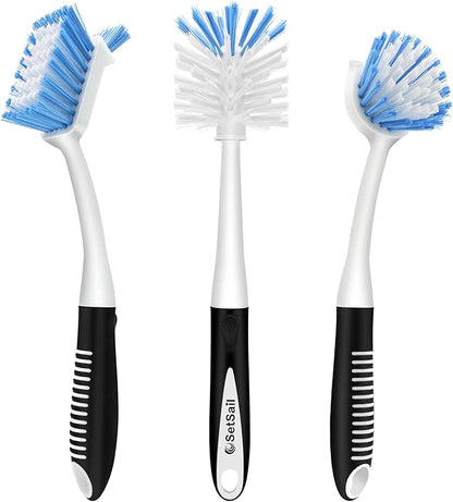 SetSail Dish Brush Set of 3 with Bottle Brush, Dish Scrub Brush with Long Handle Deep Cleaning Handle Brush with Scraper Tip for Kitchen Sink Dishes Bottle Cup Pot and Pans Tile Lines, Black Blue
