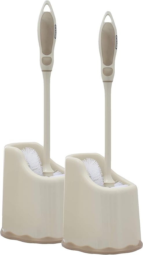 Superio Toilet Bowl Brush and Holder with Under Rim Cleaner for Bathroom, Toilet Brush and Caddy with Non Scratch Bristles and Under Rim Lip Brush, Beige (2 Pack)