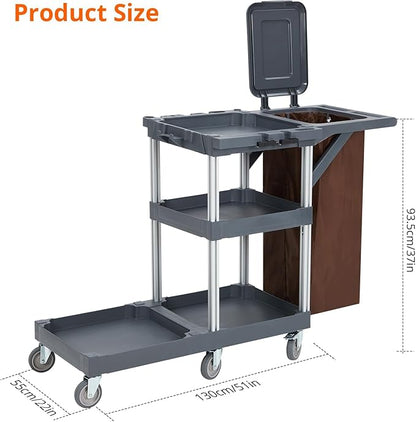 Commercial Janitorial Cart with Wheels, 3 Shelf Cleaning Trolley Cart with 16 Gallon Trash Bag, 220 Lbs Capacity Rolling Housekeeping Carts, Ideal for hotels, offices, classrooms, and residential buil