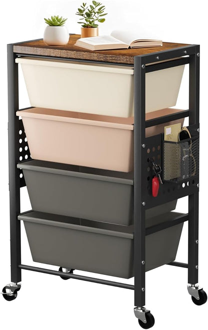 Rolling Cart with 4 Drawers, Plastic Drawer Storage Carts with Wheels & Wooden Tabletop, Metal Utility Cart with Pegboards, Office Living Room Classroom Craft Organization and Storage, Dark Brown