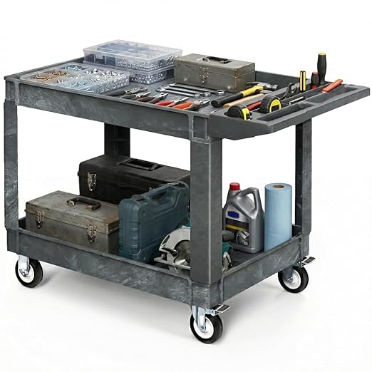 DWVO 2 Tier Utility Cart on Wheels, 550 lbs 2 Shelf Heavy Duty Plastic Rolling Carts, 45 x 25 in Plastic Tool Cart Work Cart with Locking Swivel Wheels & Handle for Warehouse Garage School & Office