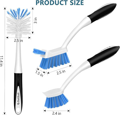 SetSail Dish Brush Set of 3 with Bottle Brush, Dish Scrub Brush with Long Handle Deep Cleaning Handle Brush with Scraper Tip for Kitchen Sink Dishes Bottle Cup Pot and Pans Tile Lines, Black Blue