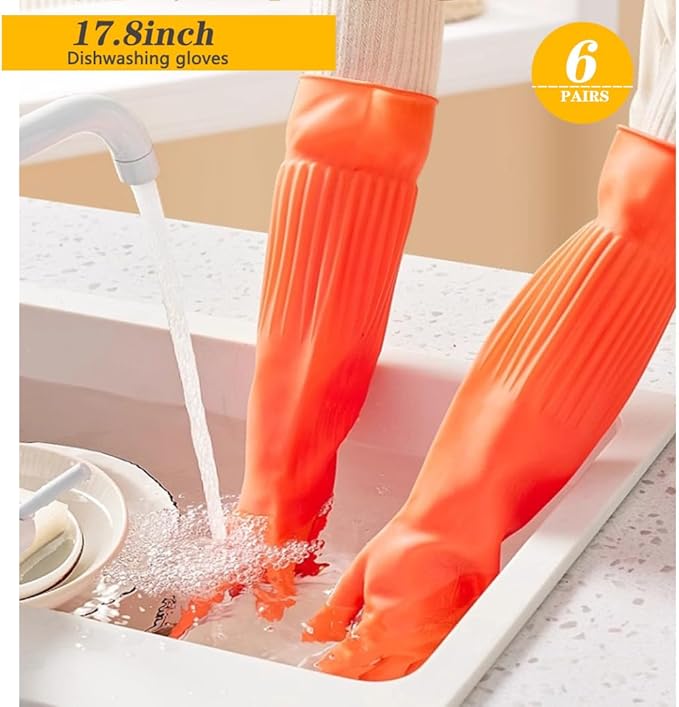 6-Pair 17.8-Inch Elbow - Length Reusable Rubber Waterproof Household Cleaning and Kitchen Dishwashing Gloves