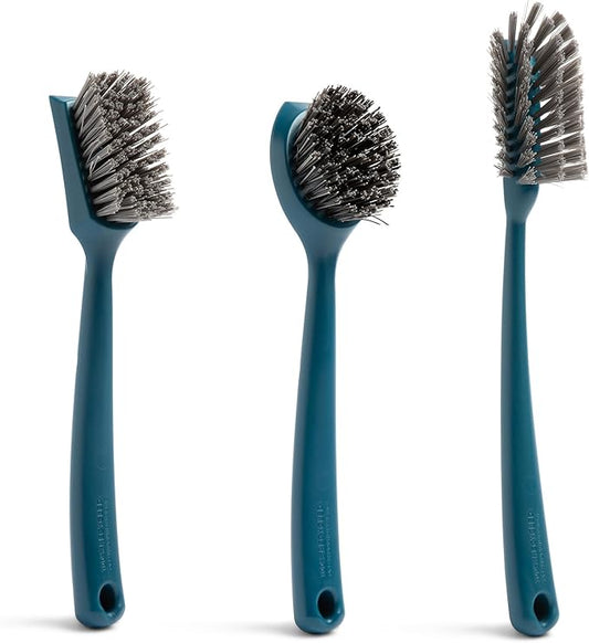 Full Circle Clean Ocean Dish Brush Set - Heavy-Duty, Bottle & Dish Brushes. Made from 100% Recycled Fishing Nets. Dishwasher Safe