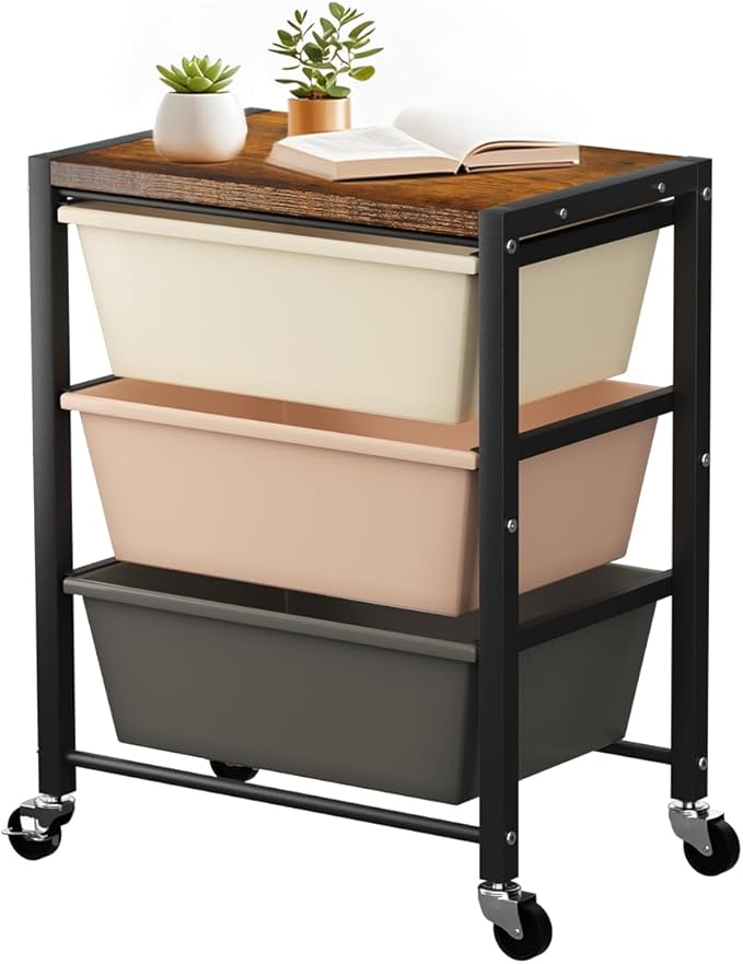Rolling Cart with 3 Drawers, Plastic Drawer Storage Carts with Lockable Wheels & Wooden Tabletop, Metal Utility Cart Organizer, Office Bedroom Classroom Craft Organization and Storage, Dark Brown