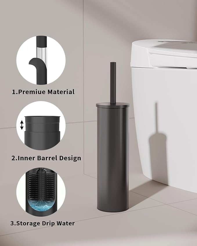 Toilet Brush and Holder Set, Stainless Steel Toilet Bowl Brush with Lid, Rust Proof Toilet Cleaner Brush with Caddy, Durable Bristles, Splash Proof, Ideal for Bathroom（1 Pack, Matte Black）