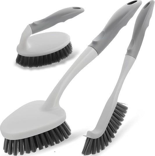 3 Pack Heavy Duty Scrub Brush Set for Household Use, Long Scrub Brush, Handheld Scrub Brush, and Crevice Brush with a Scraper Head for Cleaning Bathroom, Tile, Grout, Tub, Floor, Sink