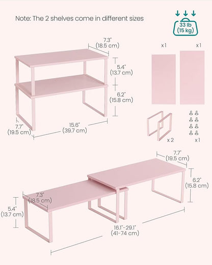 SONGMICS Cabinet Organizer Shelf, Set of 2 Kitchen Counter Shelves, Kitchen Storage, Spice Rack, Stackable, Expandable, Metal and Engineered Wood, Jelly Pink UKCS025S01