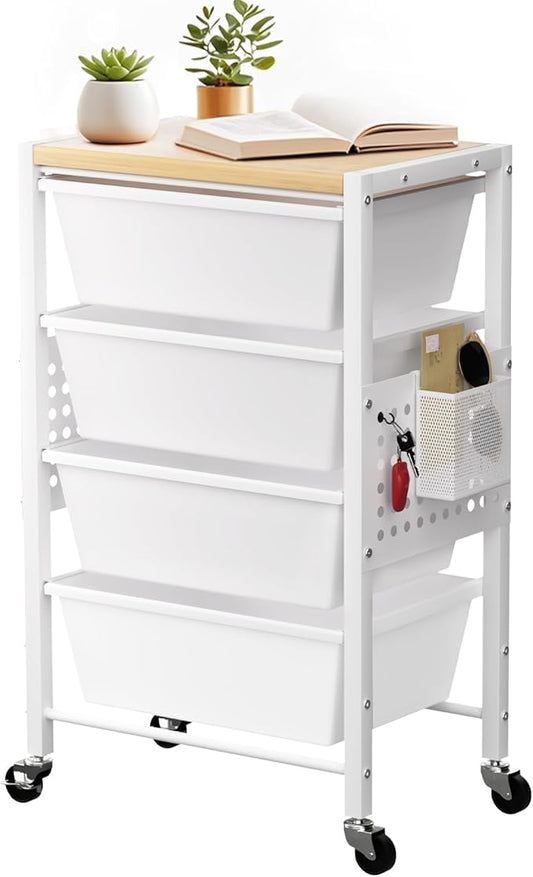 Rolling Cart with 4 Drawers, Plastic Drawer Storage Carts with Wheels & Wooden Tabletop, Metal Utility Cart with Pegboards, Office Living Room Classroom Craft Organization and Storage, Bright White